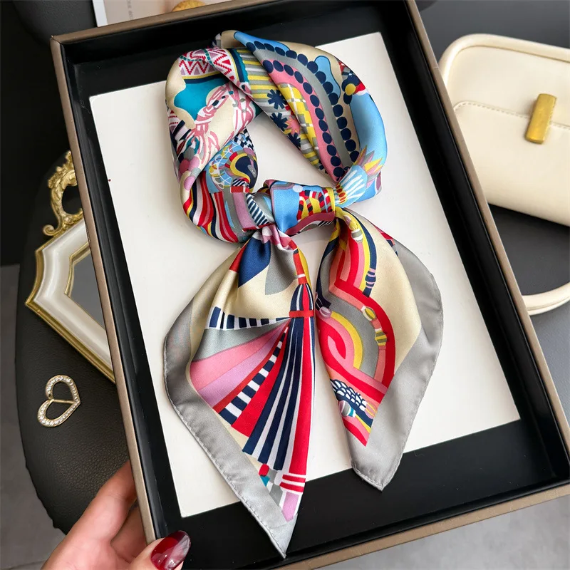 

Роскошный женский шарф, модный мягкий атласный квадратный шарф с цветными блоками и принтом, женский саржевый платок, хиджаб, платок 70*70 см