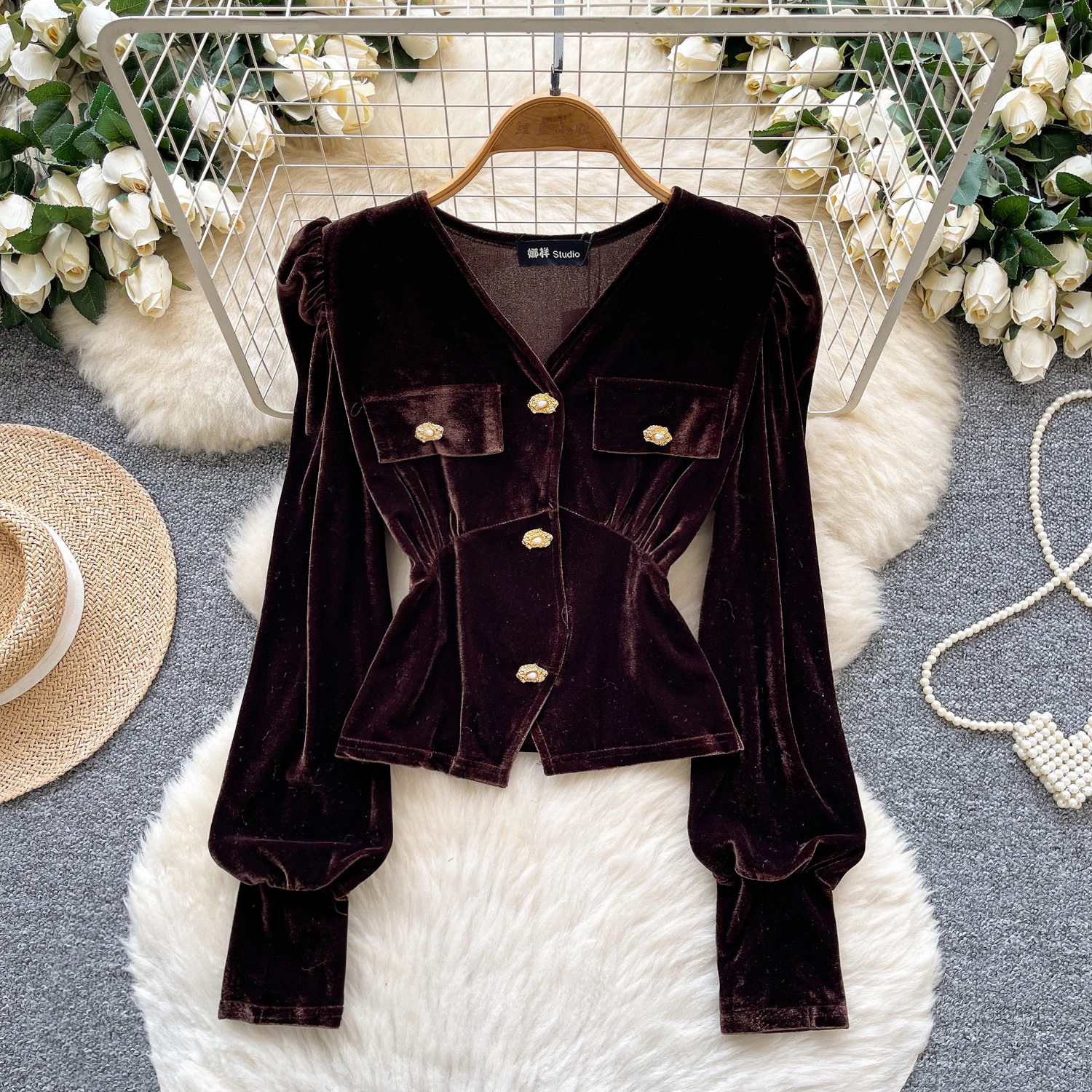 

Sexy long sleeve pleated velour button slim Tanks Chic Women Party Top Y2k High Street women clothing