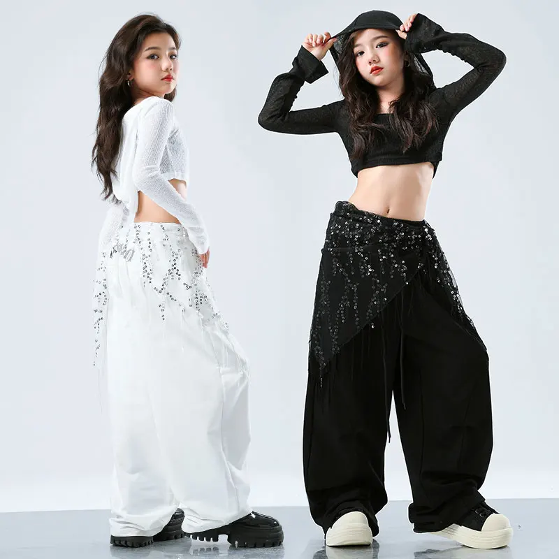 Mädchen Hip Hop Mesh Crop Hoodies Cargo Hosen Kinder Street Dance Jogger Top Kinder Streetwear Teenager Kostüme Jazz Kleidung Sets