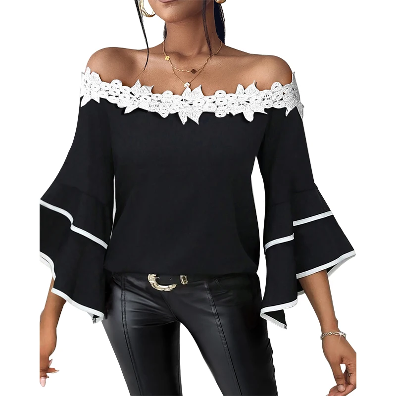 Contrast Lace Bell Sleeve Off Shoulder Top Blouses Chic Binding Daily