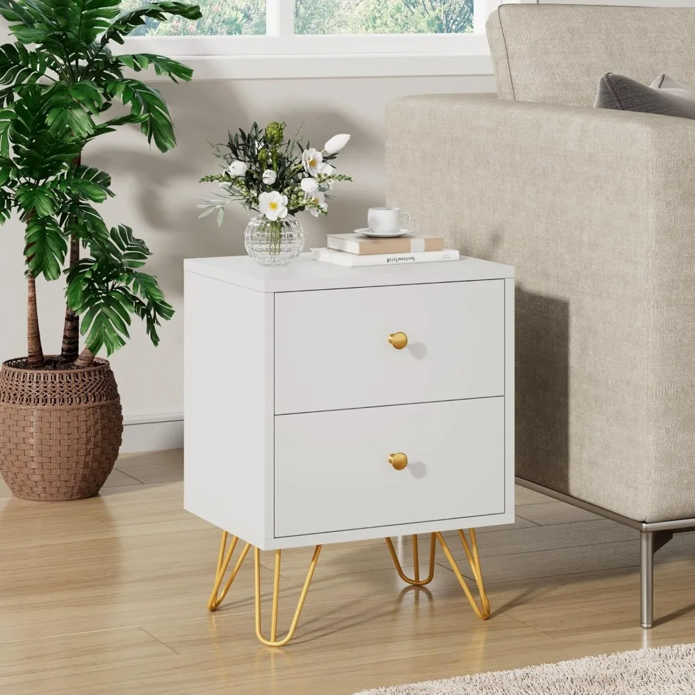 

White Nightstand Set of 2,End Side Table Double,Bedside Table with 2 Drawers,Dual Night Stand Metal Legs for Bedroom Living Room