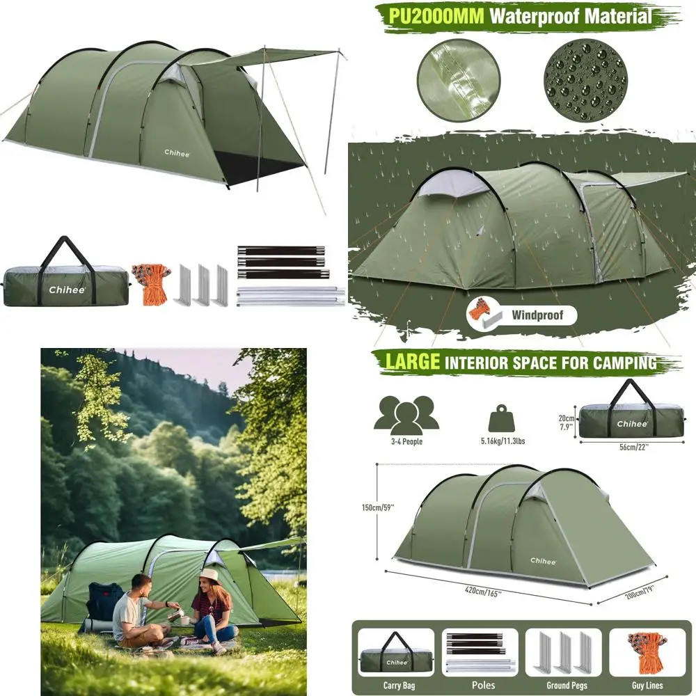 Tienda de campaña familiar para 4 personas con 2 puertas, resistente a la intemperie, refugio para las 4 estaciones, porche, toldo impermeable y bolsa de transporte