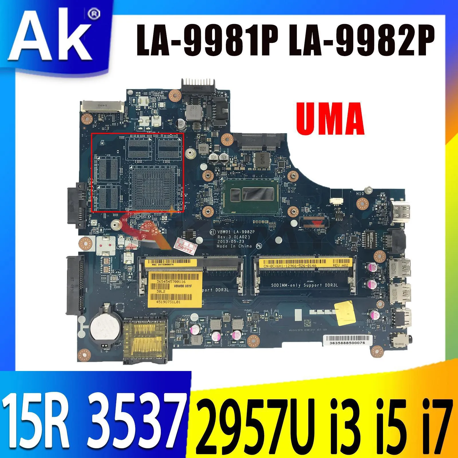 

Shenzhen LA-9981P LA-9982P For Dell Inspiron 15R 3537 5537 Motherboard CN-0P28J8 0MXM3Y Mainboard w/ 2955U 2957U i3 i5 i7 4th