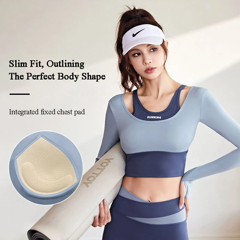 Women Sports Shirt Fake Two Pieces Contrast Crop Tops Tights Gym Top Yoga Shirts Sportswear Fitness Running Training Tank Top