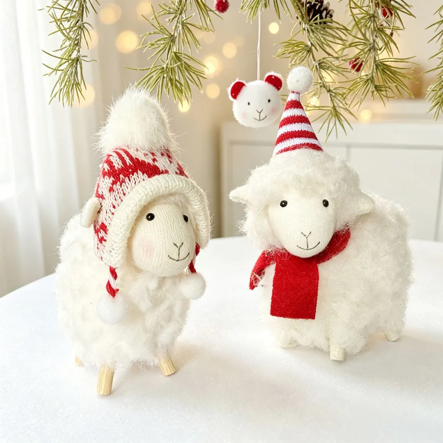 Christmas White Sheep Figurine Ornament, Soft Curly Plush Lamb Hanging Pendant, Xmas Tree Decor Holiday Gift