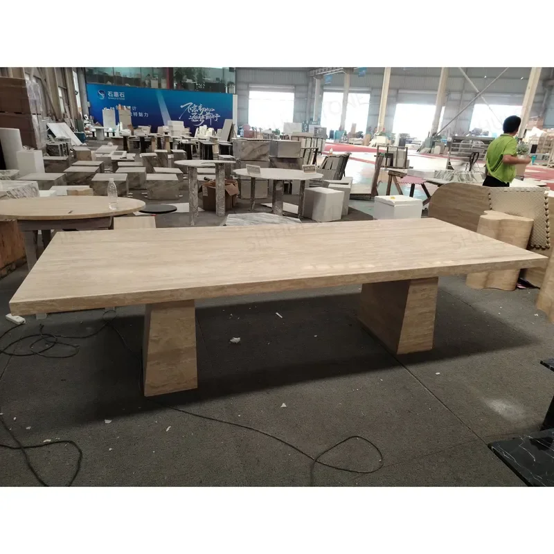 SHIHUI Customized Natural Stone Dining Room Furniture Large 8 Seaters Beige Travertine Rectangle Marble Dining Table
