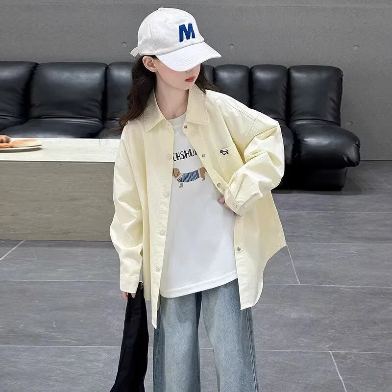 Children Girls Shirts UNITIM Solid Junior Girls Thin Cool Long Sleeve Tops 4-14Yrs Kids Girls Turn Down Collar Sunscreen T-shirt