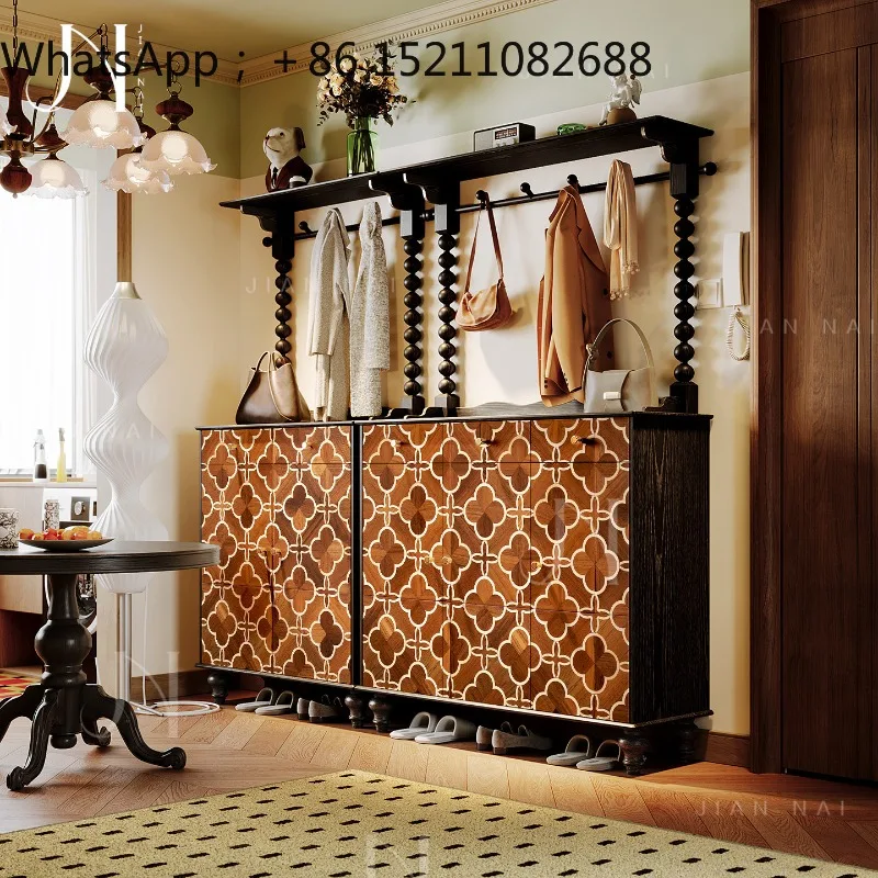 LLY retro solid wood home shoe cabinet diamond flower brocade living room against the wall coat rack entrance storage shoe rack