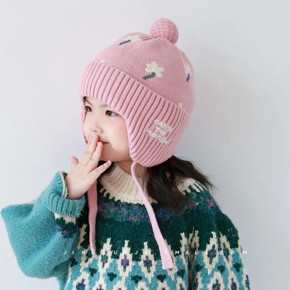 

Fleece Lining Winter Baby Crochet Hat Windproof Lace-up Toddler's Plush Knitted Cap Breathable Thickened Kids Ear Protection Hat