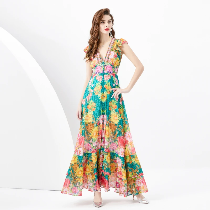 

Spring and Summer-Retro Deep Sleeve Wave Wide Swing Painted Print Long Dress