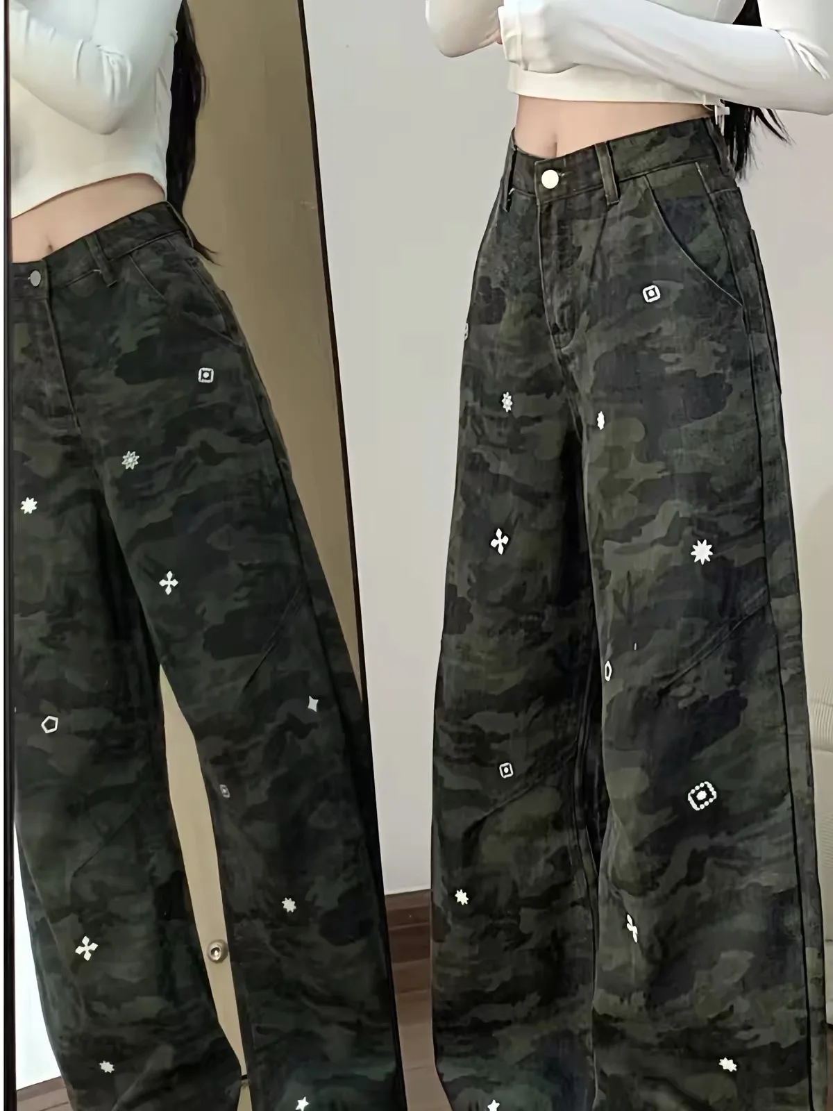 American Style Camouflage Printed Loose Long Pants High Waist Denim Jeans for Middle And High School Students Casual Trousers
