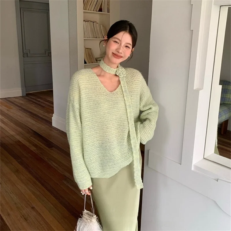 

Ladies Knitted Rose Flower Sa Sweater Autumn Winter plus Size Ele Slimming Top Comfortable Lazy Sle Fce Thiened