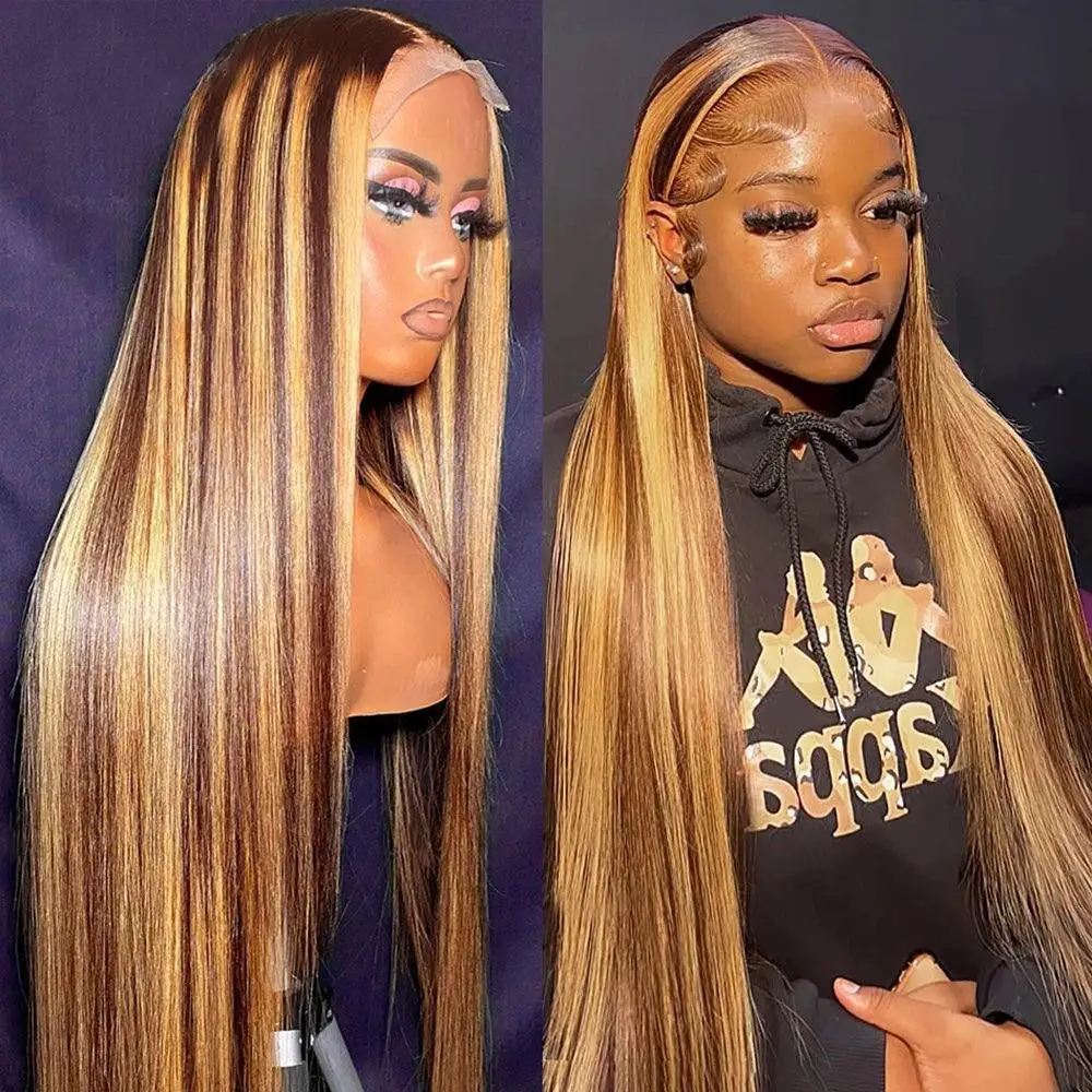 Honey Blonde 13X4 HD Lace Front Wig Human Hair Highlight Straight Lace Frontal Wigs Human Hair Pre Plucked 40 Inch 250 Density Ombre Wigs for Women P4/27 Colored Glueless Wig with Baby Hair