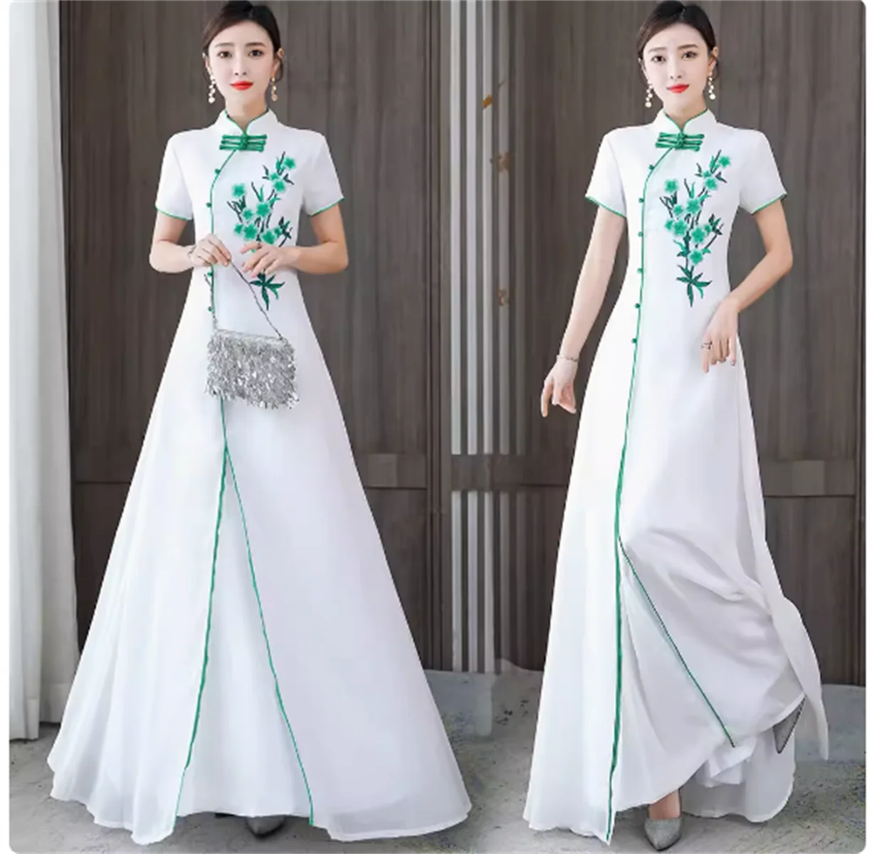 

Chinese Summer Dress Embroidered Long Chi pao Women Chiffon Vintage White Cheongsam