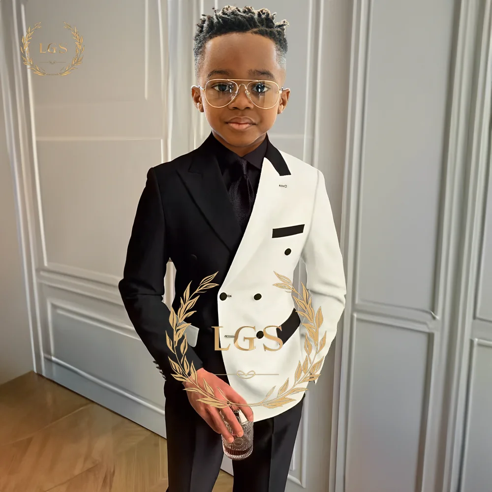 Boys Black and White Suit Slim Peak Lapel Double Breasted 2 Piece Formal Wedding Event Tuxedo Double Breasted Blazer + Pants