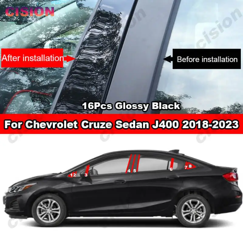 16x Glossy Black Car Door Window Center Column B C Pillar Post Cover Mirror Effect Trim For Chevrolet Cruze Sedan J400 2018-2023