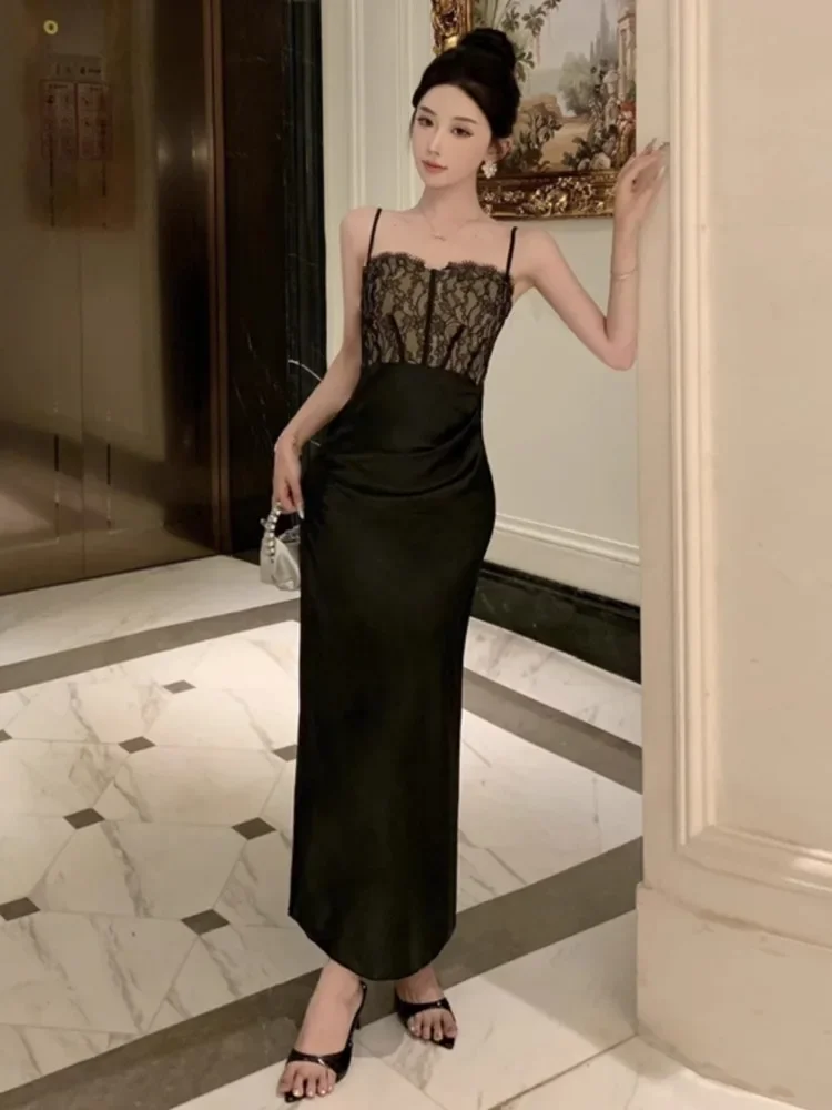 Topanoma Evening Dresses Women Sexy Lace Patchwork Sleeveless Slim Backless Vintage Cocktail Dress Banquet Birthday Party Prom