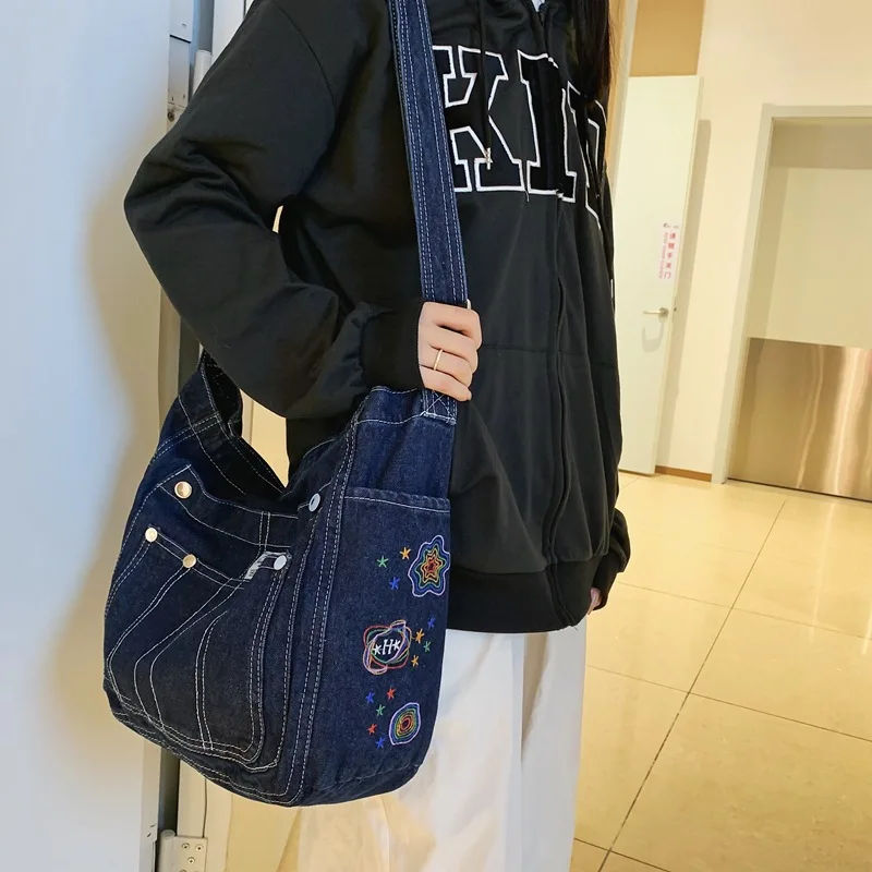 Washed Denim Tote Bags For Women Shoulder Book Bag Blue Jean Crossbody Bag Multi-pocket Big Capacity Shopper Messenger Bag purse