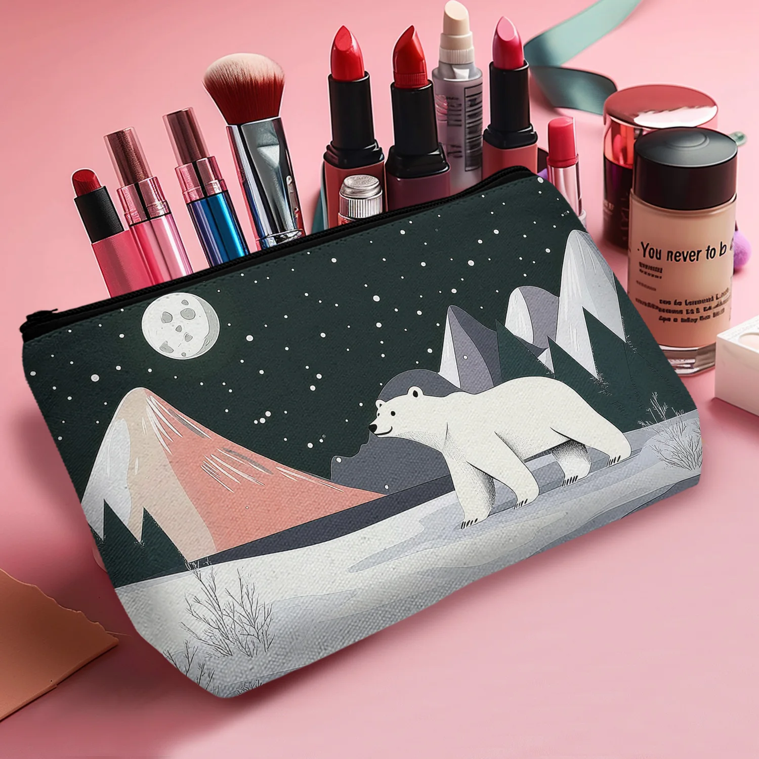 1Pc Unique With Polar Bear Design Casual Cosmetic Bag Durable And Fashionable Women'S Cosmetic Bag Suitable For Daily And Travel