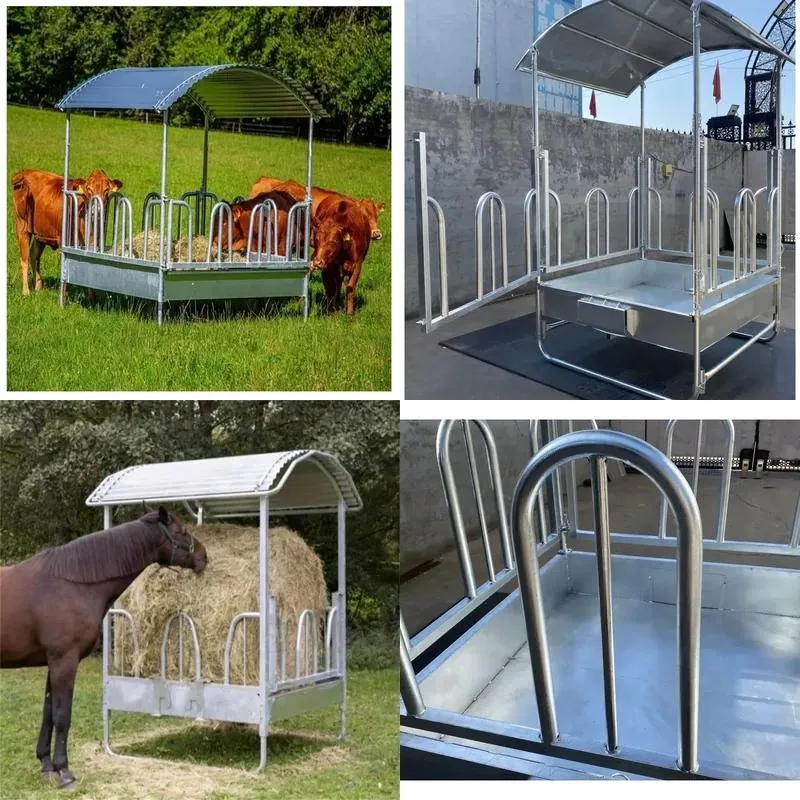 Heavy Duty Galvanized Iron 8ft High Horse Fence Hay Rack with Angular Feeder 12 Openings Roof Self Locking Head Door