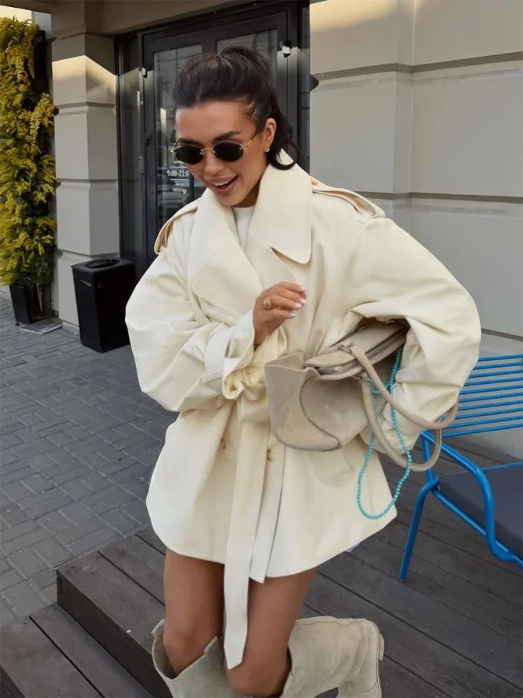 Women Solid Belted Tie Waist Midi Trench Coat  Fashion Lapel Double Breasted Pocketed Loose Windproof Jacket Daily Trendy Wear