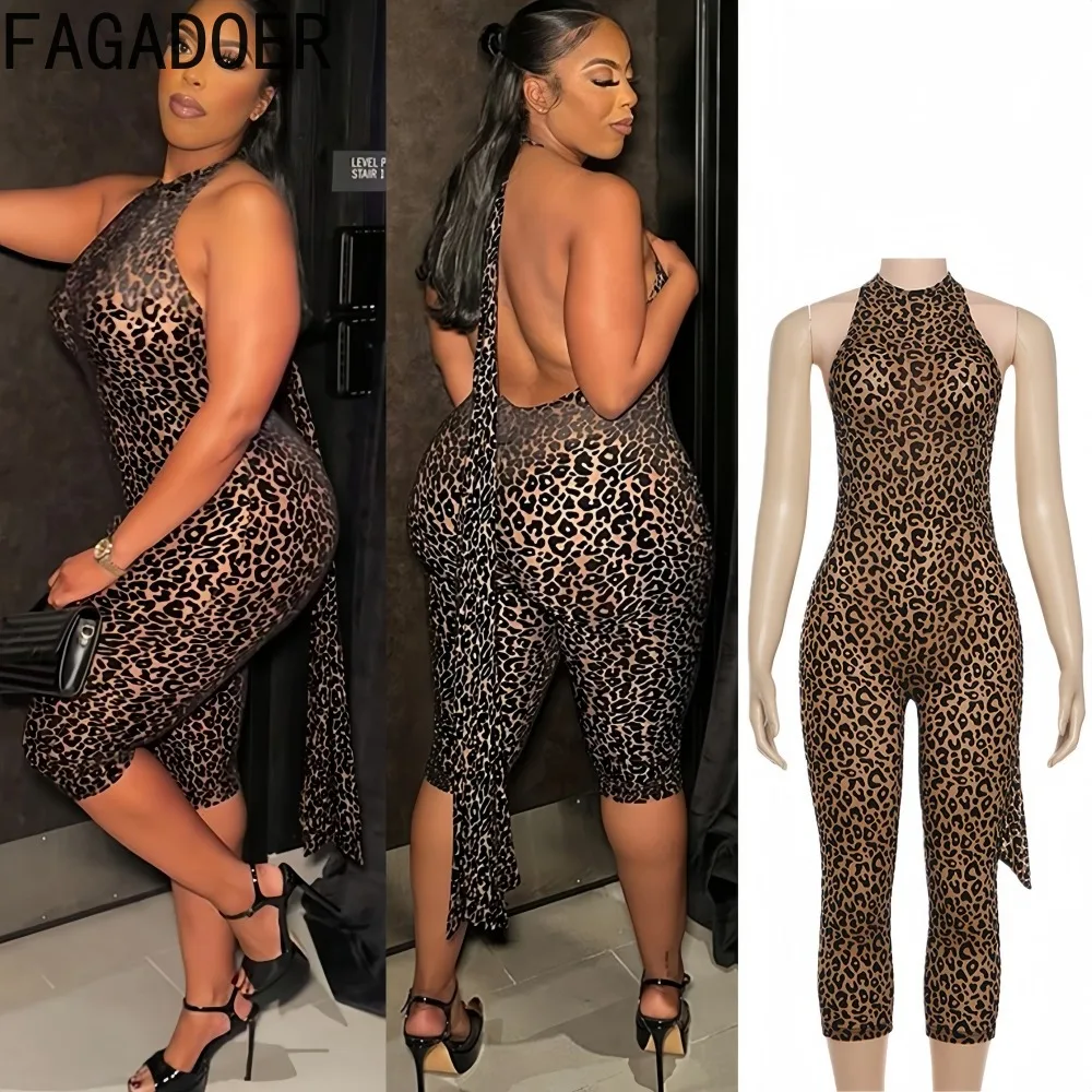 

FAGADOER Sexy Leopard Print Bodycon Jumpsuits Woman Halter Sleeveless Backless Rompers Female Party Clubwear Overalls 2025 New