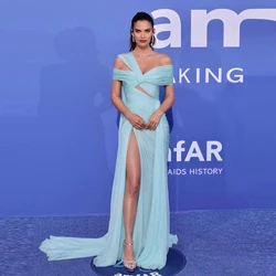 One Shoulder Chiffon Celebrity Dresses Elegant Draped Mesh Formal Prom Dress Sexy High Slit Chiffon Evening Pageant Gowns