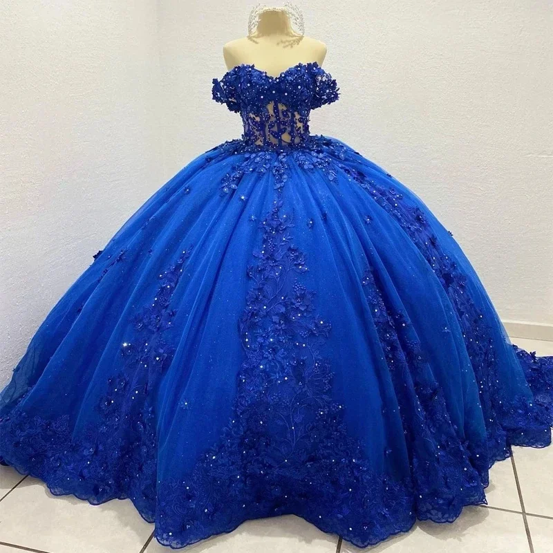 Royal Blue Glitter Quinceanera Dresses For 15 Party Princess Appliques Tulle Lace Birthday Party Dress Robes De Ball Gown