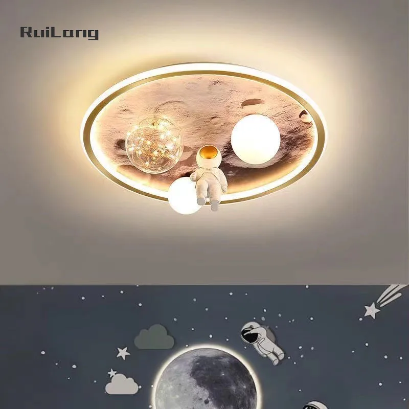 

Modern Astronaut Ceiling Chandelier For Children's Room Boys Bedroom Study Kids Baby Cartoon Grey Moon Lamp Led Ceiling Light