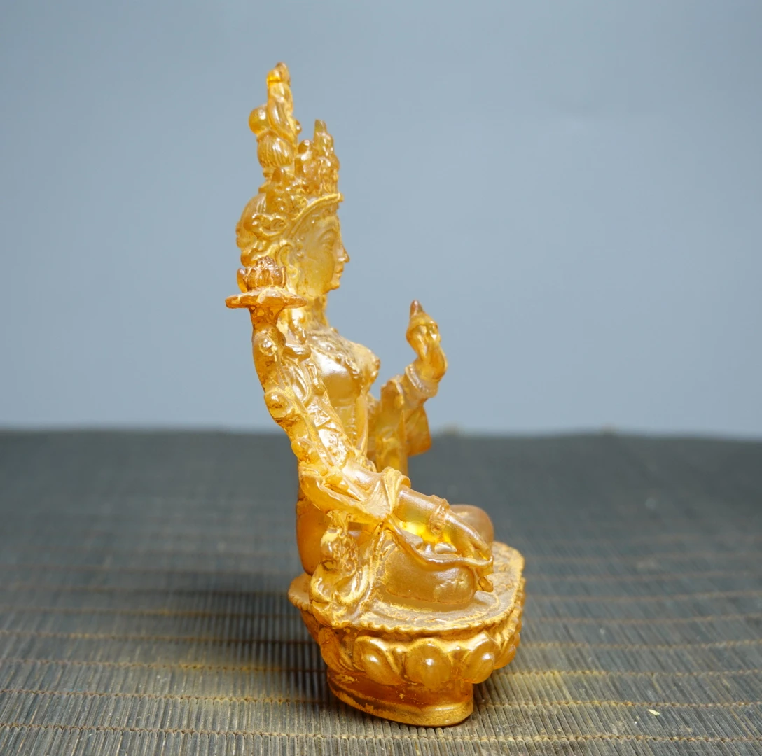 China Ancient Colored Glaze Golden Liuli Crystal Green Tara Buddha Statue Fengshui Home Decor Decoration Accessories Living Room view 5
