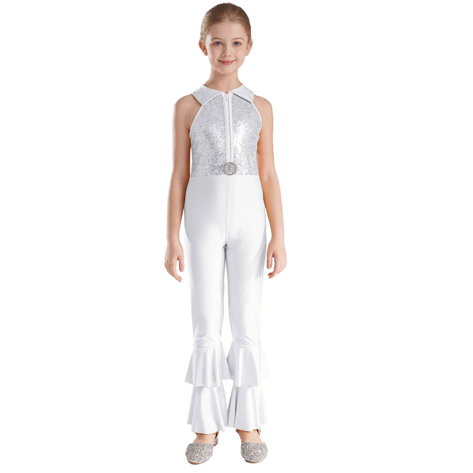Kids Girls Shiny Sequins Jazz Dance Costume Jumpsuit Sleeveless Ballet Leotard Bell-bottom Long Pants for Latin Modern Dancing