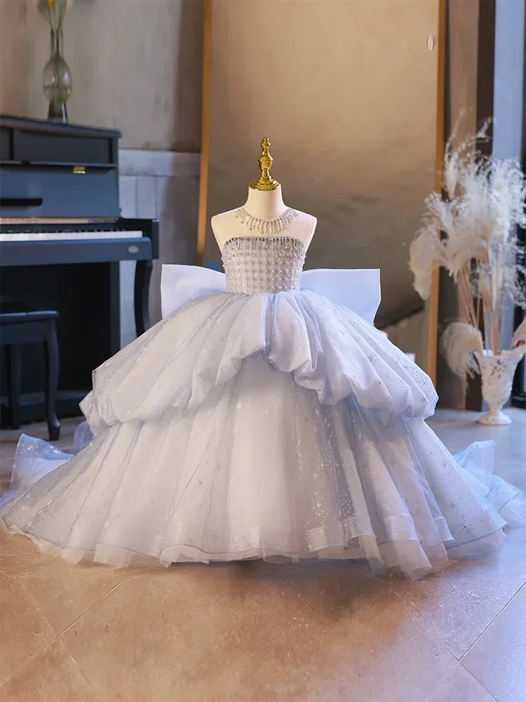 

Princess Ball Gowns for Young Girls Kids Girl Sleeveless Beading Big Bowknot Mermaid Dress Infant Luxury Party Costume Vestidos