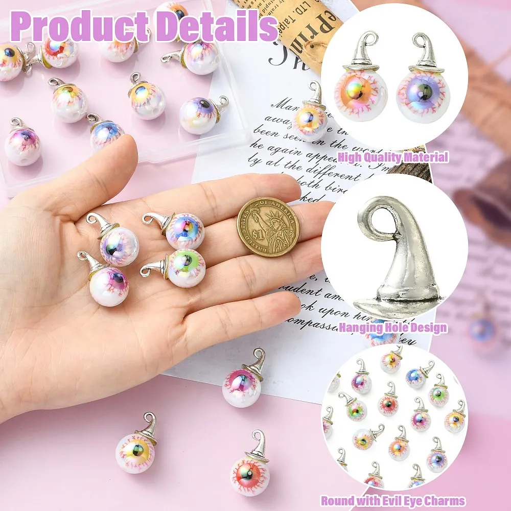 20pcs Evil Eye Round Bead Charm Silver Alloy Witch Hat Eye Ball Acrylic Pendant for DIY Bracelet Necklace Earring Jewelry Making