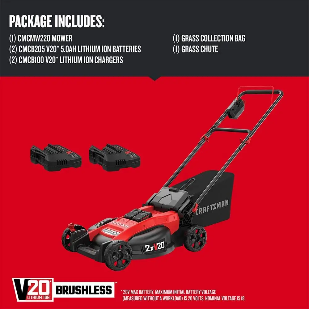 V20 Lawn Mower, Push Mower, Lightweight and Portable, Grass Bag, Battery and Charger Included (CMCMW220P2)