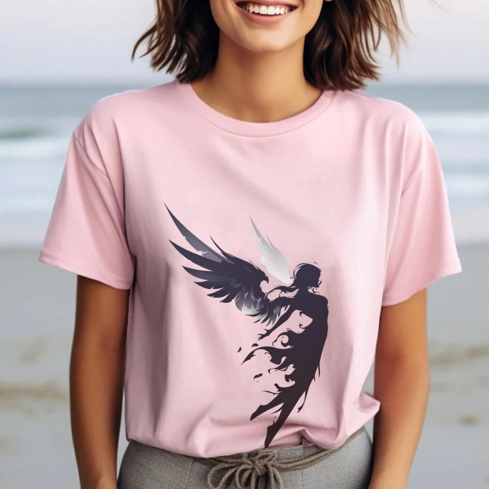 Ángel del viento oscuro, camiseta gráfica Y2k, camiseta extragrande para mujer, lindo conejito pintado a mano, arte de estilo coreano, top de verano 2025