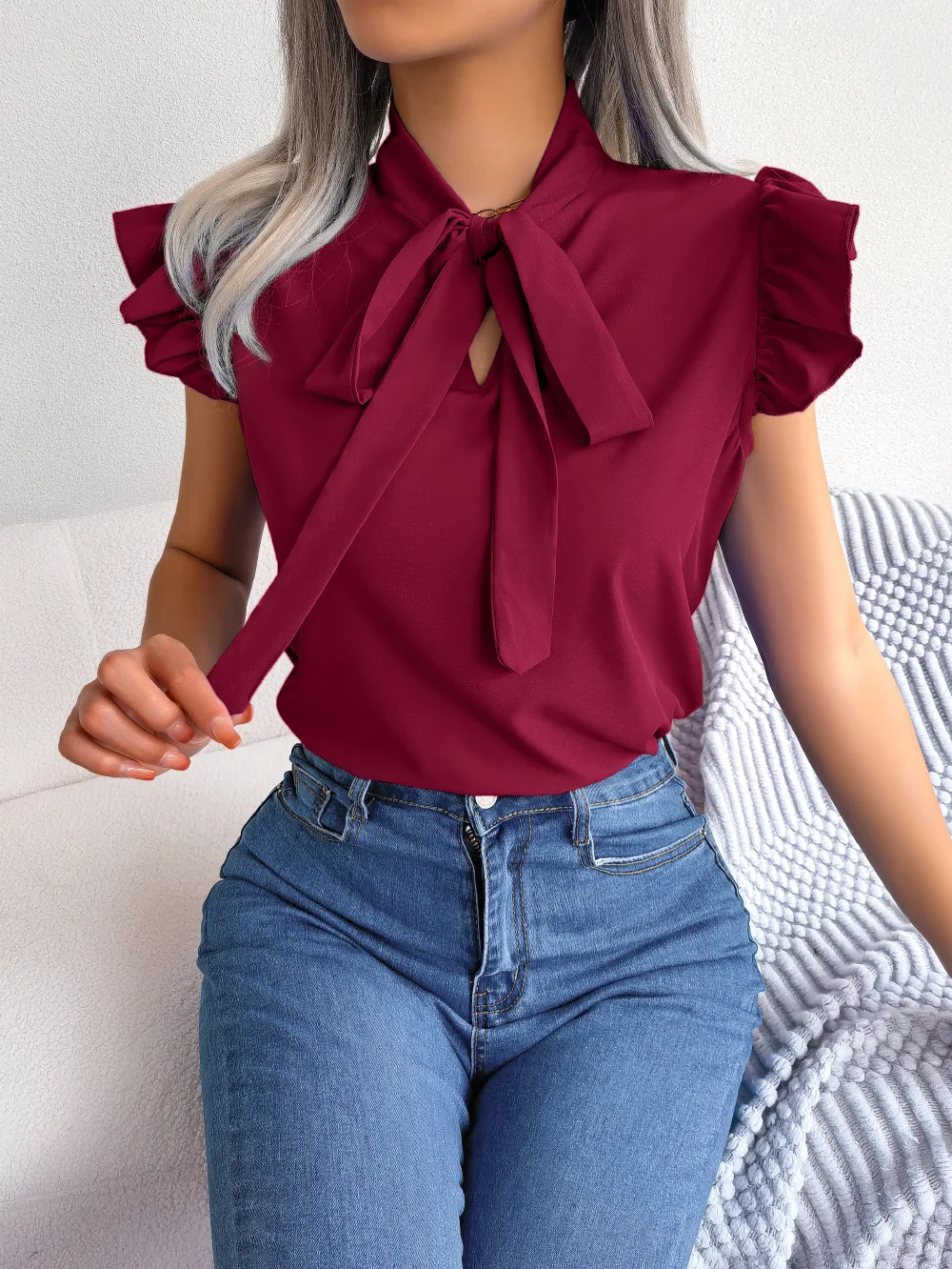 Casual V Neck Short Sleeve Shirt Blouse Office Lady Spring Summer Fashion Elegant Solid Lace Up Shirts For Women 2023 White Tops