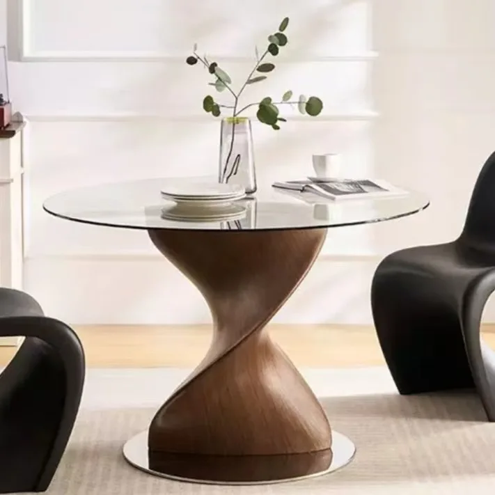 Italian minimalist rock slab dining table round designer walnut light luxury dining table