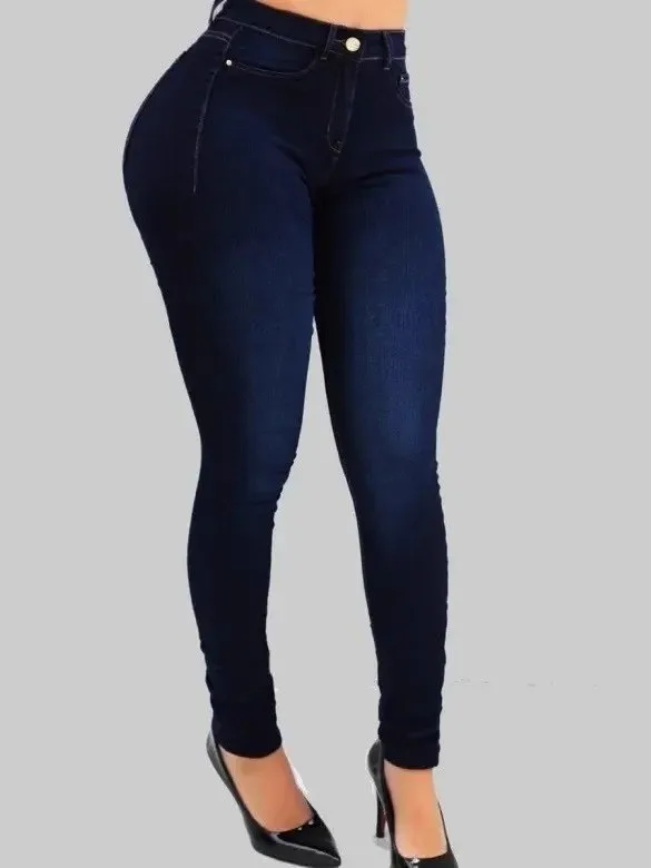 High Waist High Elastic Slim Fit Jeans Small Foot Pants Pure Color Women's Fashion Cross-Border Denim Blue Washed Lady Style - view 3