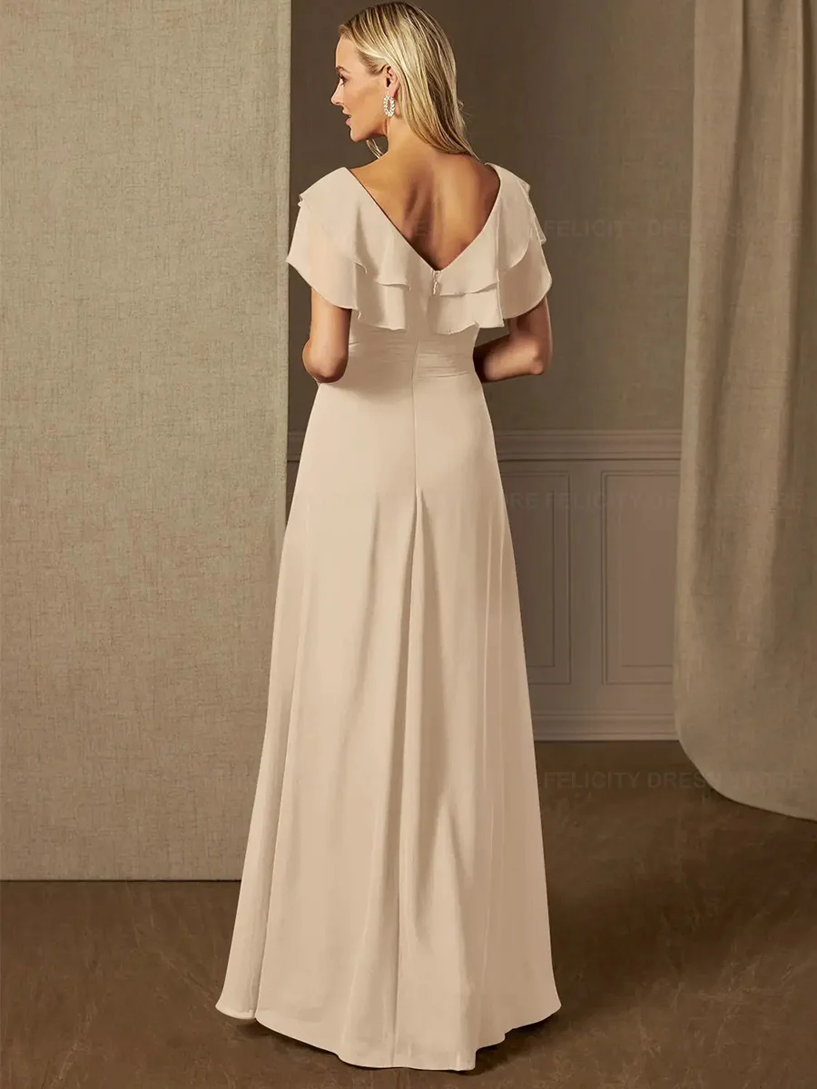 Elegant Mother of the Bride Dresses 2023 A-Line V-neck Floor-Length Pleated Crystal Wedding Party Dresses Robes Invitée Mariage