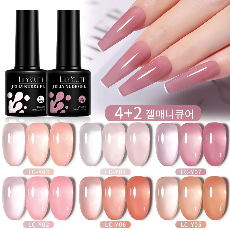 LILYCUTE 6 sztuk/zestaw 7ml galaretka różowy Nude przezroczysty żelowy lakier do paznokci zestaw półtrwały Soak Off Nail Art zestaw żeli do Manicure
