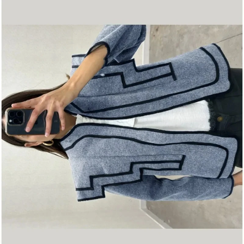 

Luxury Chic Contrast Line Cropped Jackets Women Long Sleeves Loose Fit Coat High Street Spring Autumn Outerwear Retro Jacket New