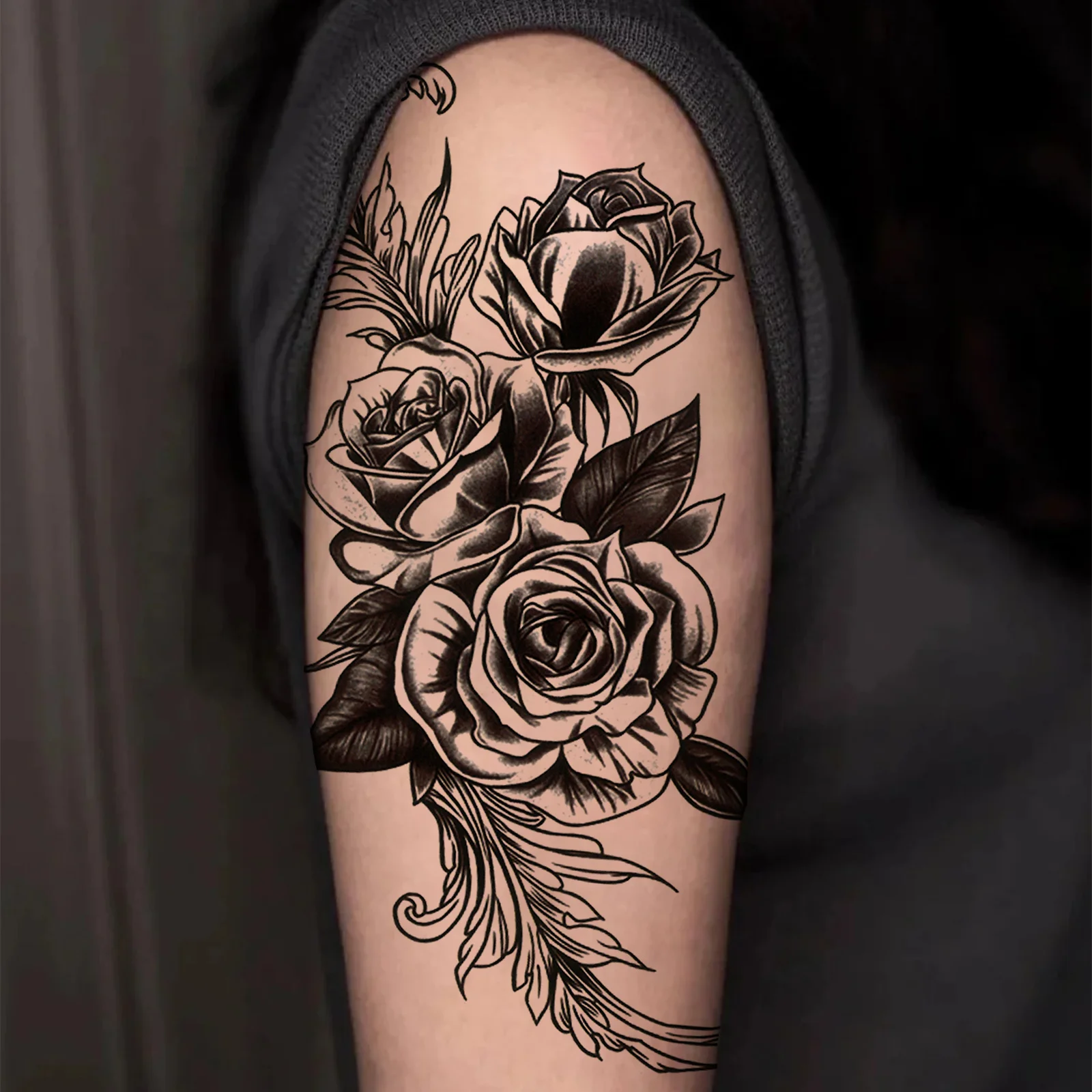 1pc Rose Floral Temporary Tattoo, Waist Fake Tattoo Sticker, Black Flower Waterproof Tattoo Decal For Men & Women view 4