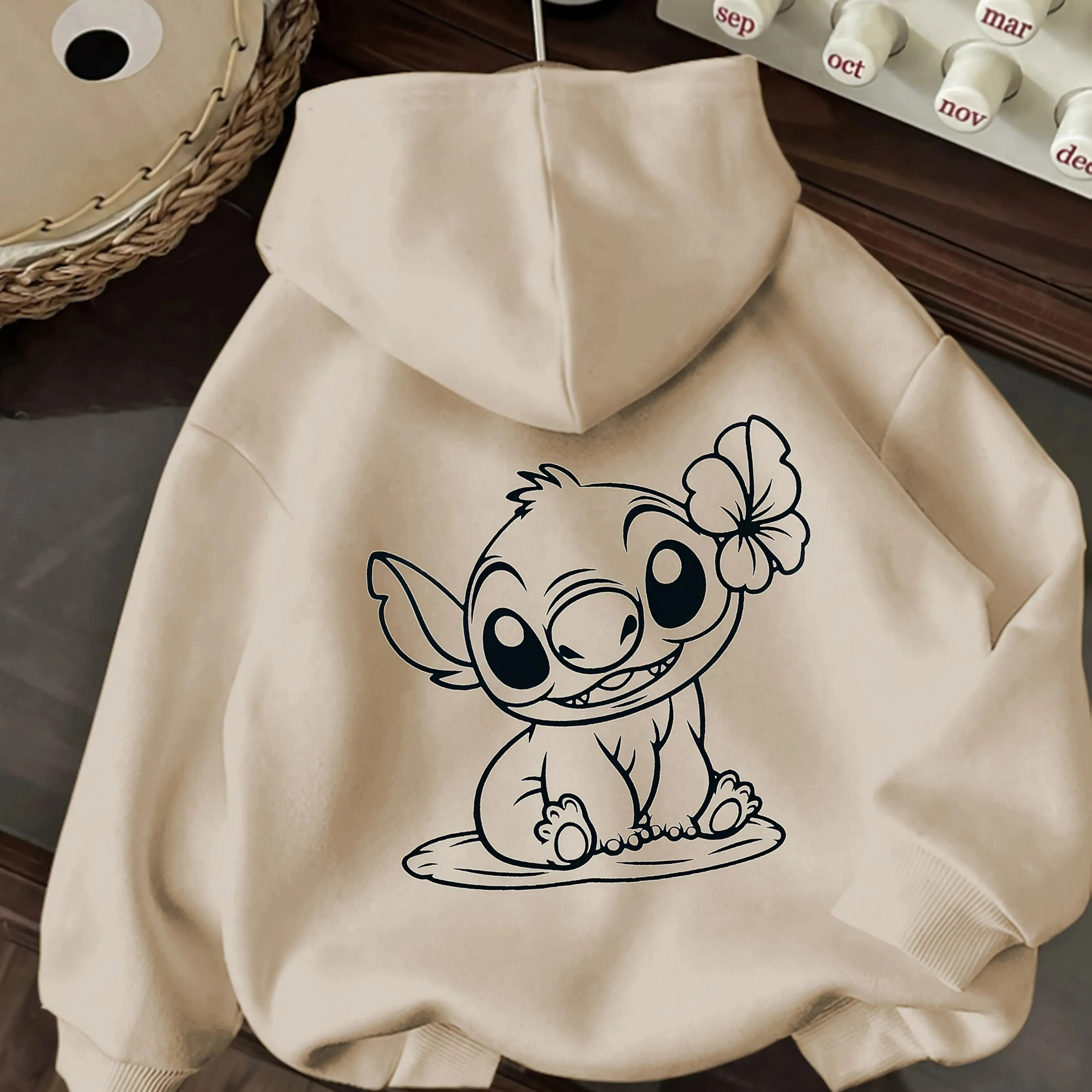 ديزني جديد لطيف الكرتون غرزة طباعة هوديي عارضة الرباط البلوز الجبهة جيب طويلة الأكمام الخريف / الشتاء هوديي سترة فضفاضة