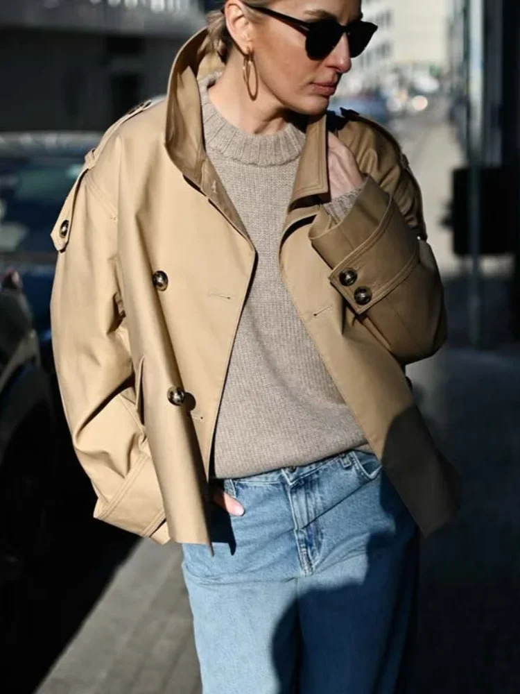 

Stand Collar Trench Coat Double Breasted Pocket Khaki Profile Windbreaker Jacket Fashion Casual Loose Long Sleeve Short Outwear