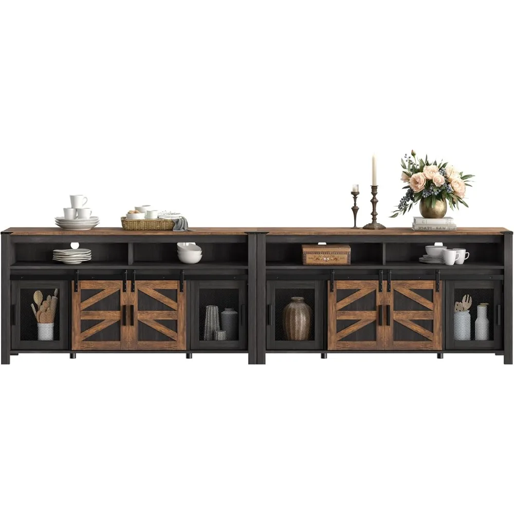 Farmhouse Buffet Cabinets, Rustic Sideboard with Sliding Barn Doors,  Coffee Bar Storage Cabinet with Mesh Doors