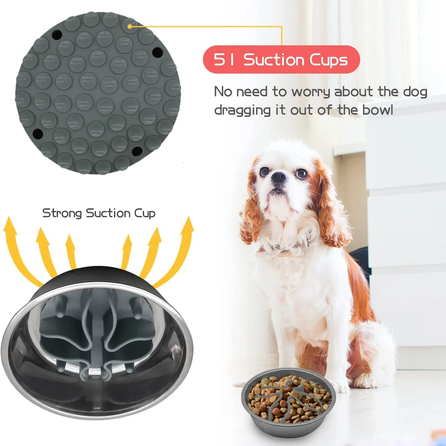 Slow Feeder Dog Bowls Insert-Silicone Slow Eating Bowl Pad with 51 Suction Cup for Small,Medium,O Slow Down Eating Grey