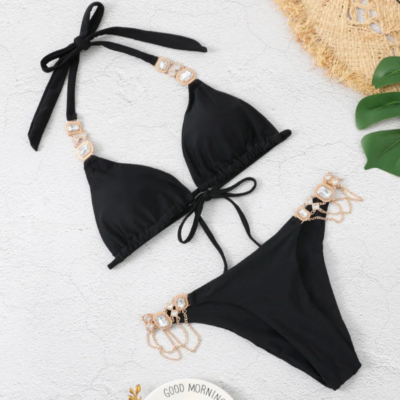 Bañador Sexy con diamantes de imitación para mujer, traje de baño liso con realce, ropa de playa, 2024