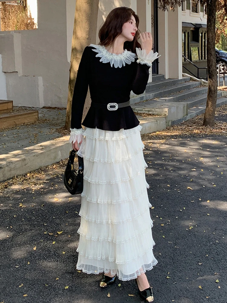 

New Arrival French Style Elegant 2 Piece Set Women Black O Neck Slim Tops Shirt And Ruffle Maxi A Line Skirt Party Outfit Spring