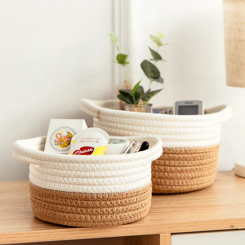 Cat Ear Shape Desktop Storage Basket Cotton Flax Woven Clothing Cosmetics Sundries Toys Storage For Bedroom Dresser Home Decor