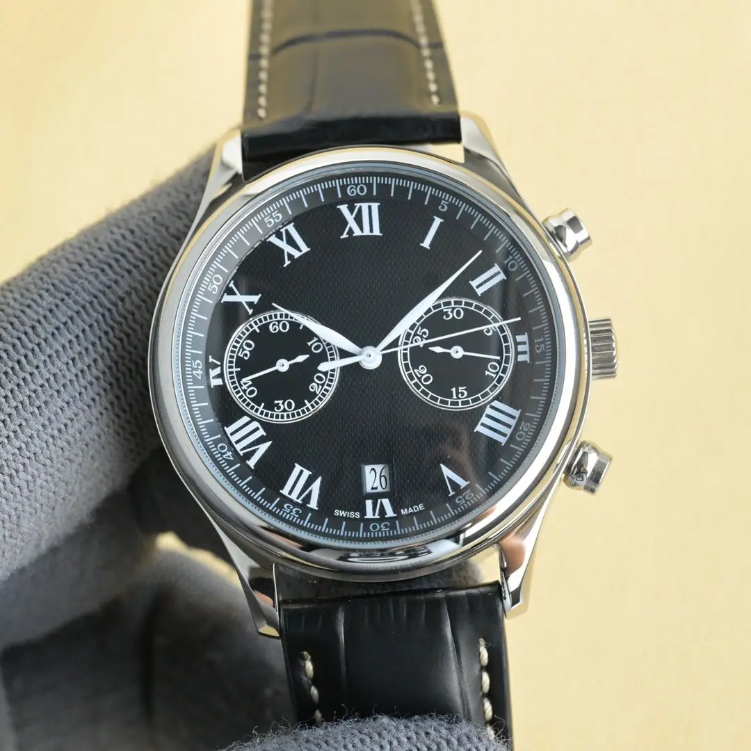 

Silver-Tone Chronograph Men's Watch with Black Dial, Roman Numerals & Black Leather Strap